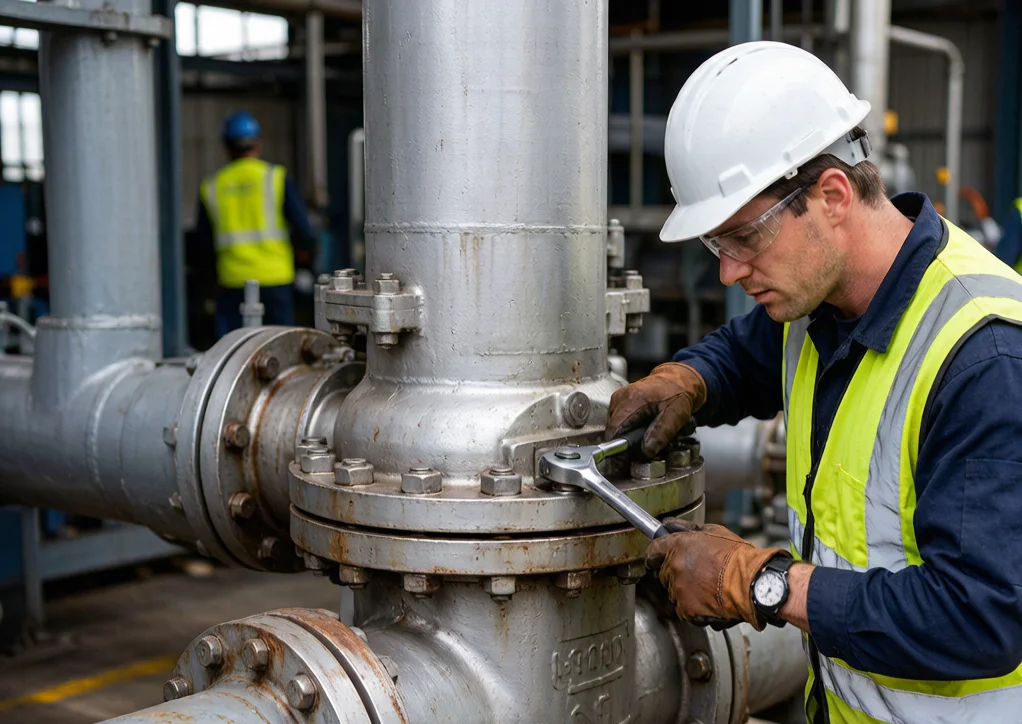 Technician performing in-line maintenance on a top entry ball valve by removing the bolted bonnet cover